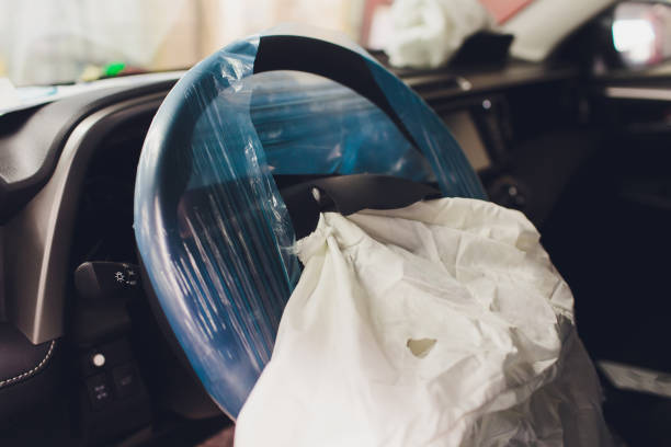 istock Car Crash air bag, blue, inscription airbag. 1149297712