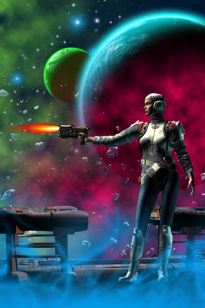 istock Futuristic woman soldier fighting on an alien planetary system, 3d illustration 1149302342