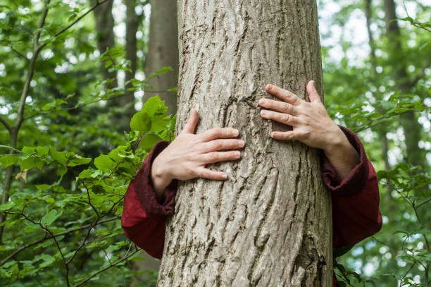 istock woman hugging a tree in a forest 1149303145