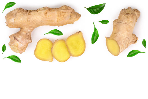 istock fresh Ginger root and slice isolated on white background with copy space for your text. Top view. Flat lay 1149304993