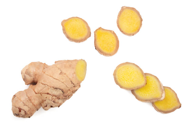 istock fresh Ginger root and slice isolated on white background. Top view. Flat lay 1149304997