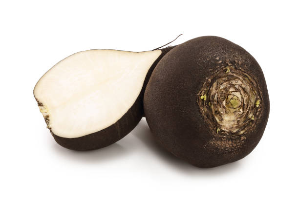 istock Black radish with half isolated on white background 1149305004