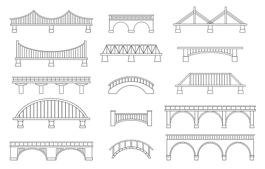 Set of different bridges. Isolated on white background. Black and white.  Line art. Vector illustration.