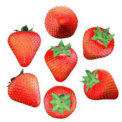 Whole strawberry fruit white background multiple angles 3d render