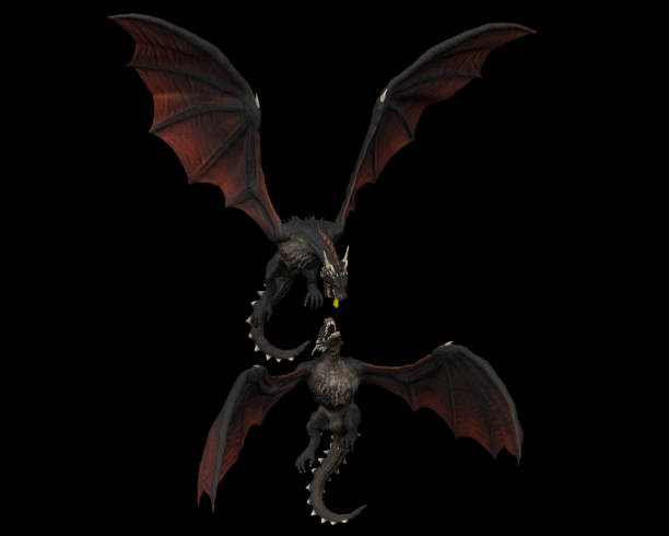 istock Dragons flying and fighting each other black background isolated 3d illustration 1149307808