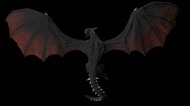 istock Dragon flying hight aove view  black background isolated 3d illustration 1149307810
