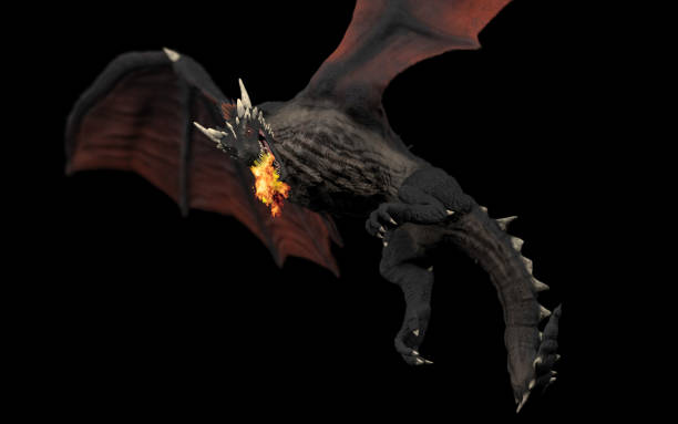 istock Dragon looking at right side with flames in mouth black background isolated 3d illustration 1149307812