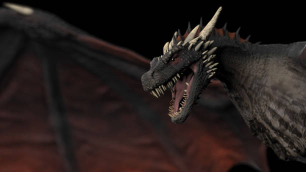 istock Dragon flying veryclose up view black background isolated 3d illustration 1149307815