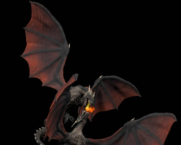 istock Dragons fight with flame in their mouth  black background isolated 3d illustration 1149307830