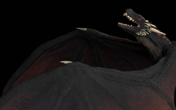 istock Dragon looking up and rising black background isolated 3d illustration 1149307833