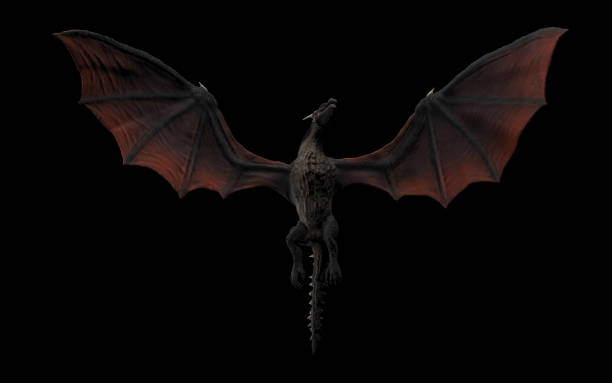 istock Dragon viewed from ground flying over camera black background isolated 3d illustration 1149307834