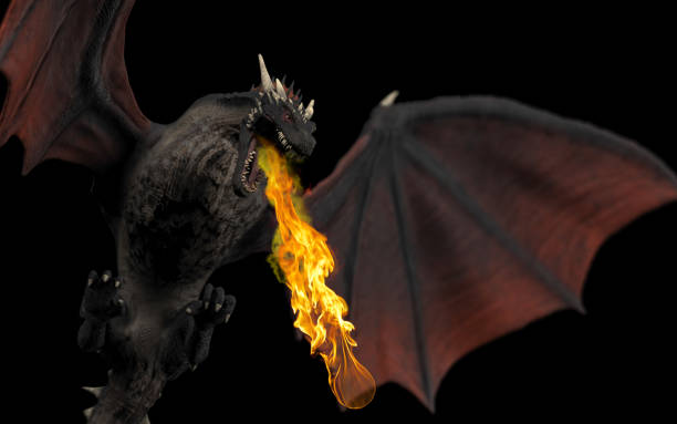 istock Dragon looking mean and powerful with flames black background isolated 3d illustration 1149307837