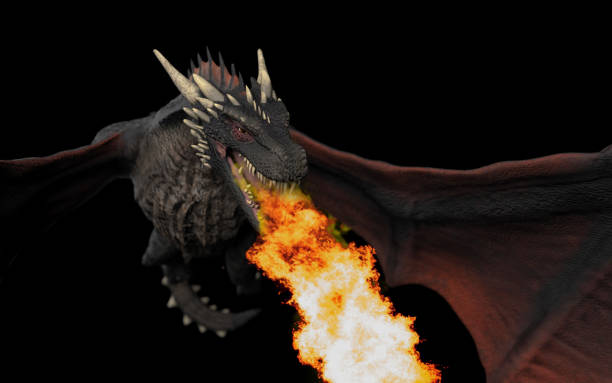istock Dragon flying with full speed and throwing fire black background isolated 3d illustration 1149307841