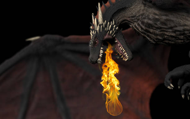 istock Dragon side and close up view with fire flame throwing black background isolated 3d illustration 1149307844