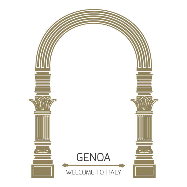 Fantasy ancient arch in vintage style on white background. Travel vacation poster.