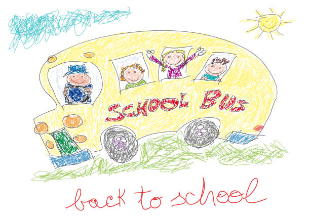 istock Back to school. Children on school bus. Vector drawing made by a child. 1149309180