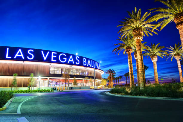 Las Vegas Ballpark Summerlin, Nevada, USA - April 14, 2019: Morning view of Las Vegas Ballpark in Downtown Summerlin. It is the home field for the Las Vegas Aviators a Minor League Baseball team in the Pacific Coast League (PCL) and the Triple-A affiliate of the Oakland Athletics. american league baseball stock pictures, royalty-free photos & images