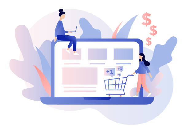 ilustraciones, imágenes clip art, dibujos animados e iconos de stock de compras en línea. estilo de dibujos animados planos. ilustración vectorial - página de inicio