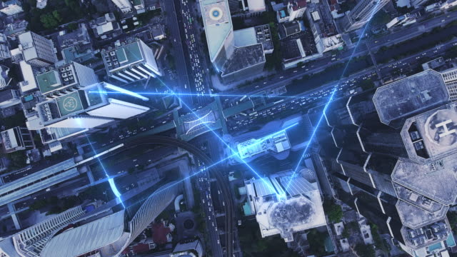 4k resolution data sending and network connection concept with aerial view city