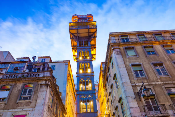 Santa Justa Lift In Lisbon, Portugal The Santa Justa Lift in Lisbon, Portugal at night. santa justa lift portugal stock pictures, royalty-free photos & images