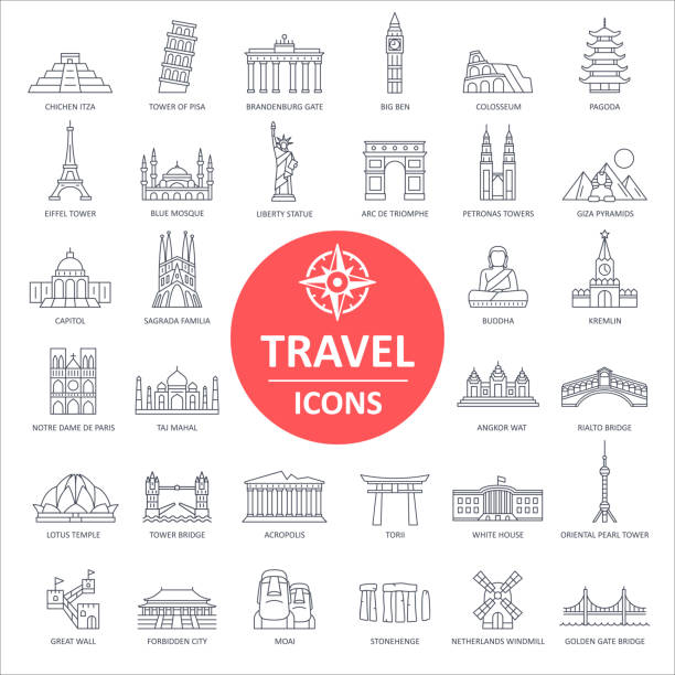 illustrazioni stock, clip art, cartoni animati e icone di tendenza di icone punto di riferimento di viaggio - vettore linea sottile - england uk london england travel