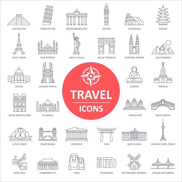 stockillustraties, clipart, cartoons en iconen met reizen landmark icons-dunne lijn vector - arc de triomphe