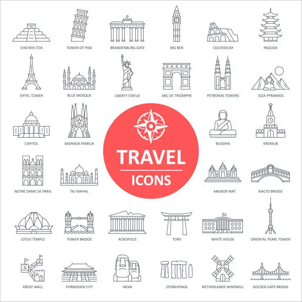 Vector illustration of Travel Landmark Icons - Thin Line Vector