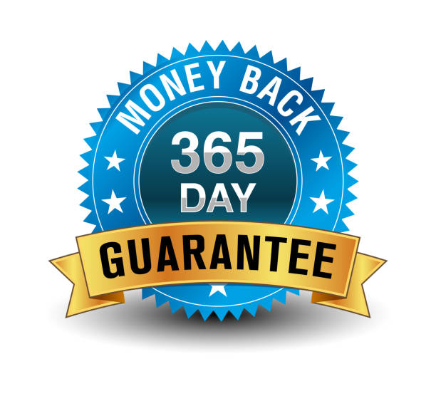 Blue powerful 365 day/ 1 year money back guarantee badge with golden ribbon. A money-back guarantee, also known as a satisfaction guarantee is essentially a simple guarantee that, if a buyer is not satisfied with a product or service, a refund will be made. 365-days-vector stock illustrations