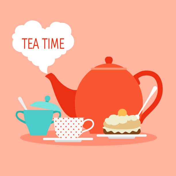 Tea time vector concept. Breakfast or lunch illustration with tea and cake Tea time vector concept. Breakfast or lunch illustration with tea and cake. Lunch tea with cake, breakfast with dessert tea set stock illustrations