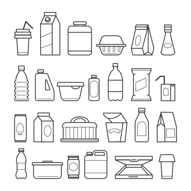 Food package line icons Food package icons. Meal packaging, eating packs, nutrition meat sachet cases and plastic beverage containers, paper pizza boxes, vector ilustration recyclable materials stock illustrations