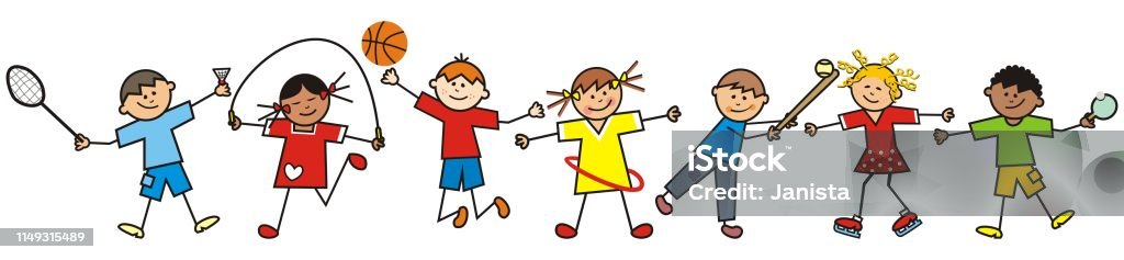 Happy kids and sports equipment, eps Happy kids and sports equipment, funny vector illustration. Group of children. Child stock vector