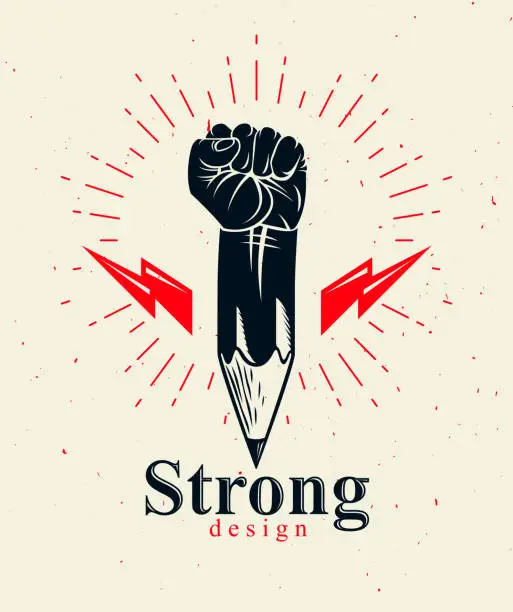 Vector illustration of Strong design or art power concept shown as a pencil with clenched fist combined into symbol, vector creative conceptual icon for designer or studio, science research.