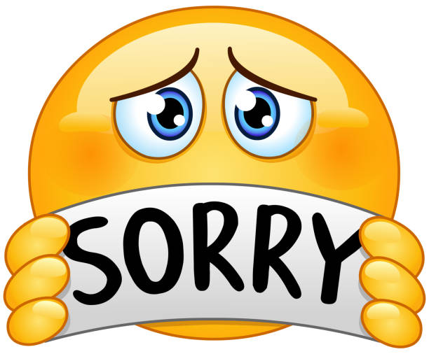 Emoticon with sorry sign Sad apologizing emoticon holding a sign with the text sorry sorry stock illustrations