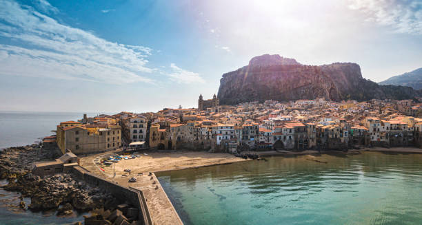 Aerial view of Cefalu Beach Aerial view of Cefalu, an beautiful and historic city located at Sicily, Italy. cefalu stock pictures, royalty-free photos & images