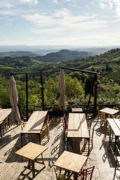 istock empty wooden tables of a cafe next to a valley 1149317721