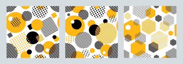 trzy geometryczne bezszwowe wzory z okręgami,kwadraty, sześciokąty paski i kropki. - two dimensional shape pattern black rhombus stock illustrations