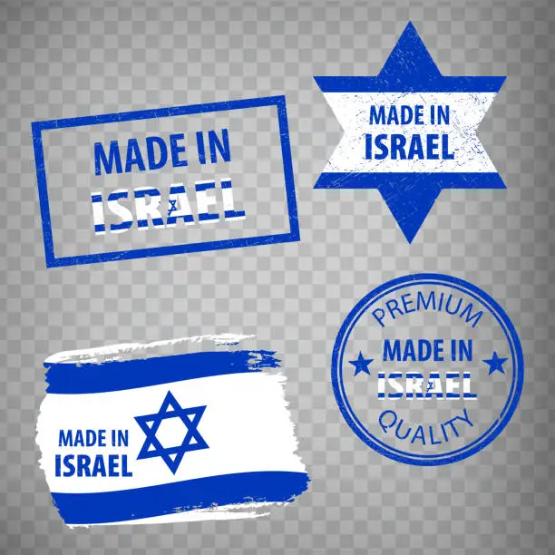 Vector illustration of Made in the Israel rubber stamps icon isolated on transparent background. Manufactured or Produced in Israel.  Set of grunge rubber stamps. EPS10.