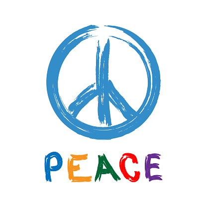 Sign of Pacific with text Peace drawn by hand. Watercolor brush, paint, graffiti. Colorful vector illustration.