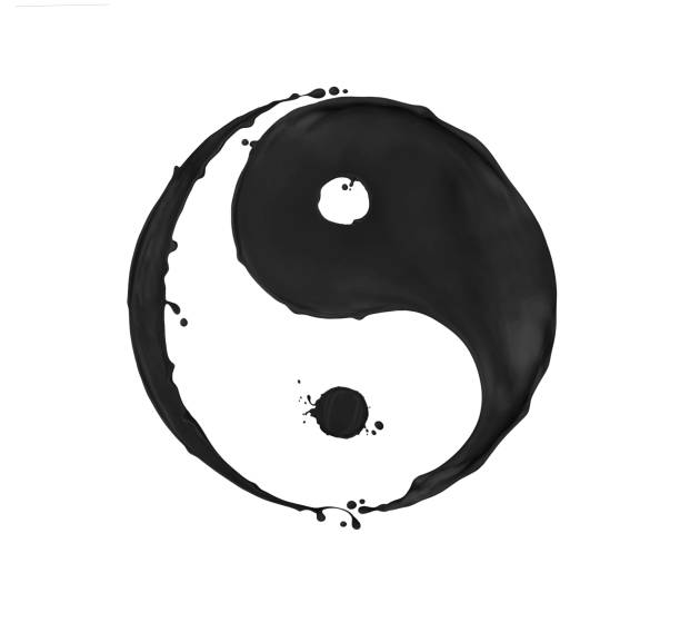 白い背景に分離された陰陽記号の形の黒いペンキの飛沫 - yin yang symbol 写真 ストックフォトと画像