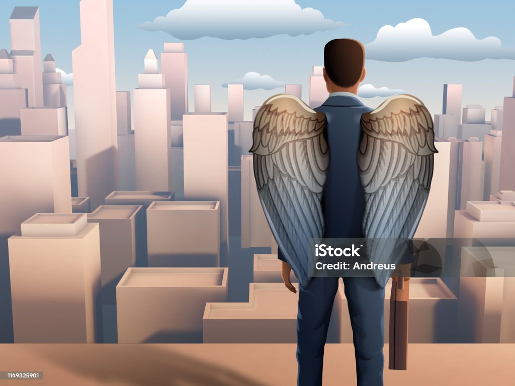 Business wings Winged businessman looking over a modern city. Digital illustration. Angel stock illustration