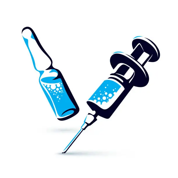 Vector illustration of Vector graphic illustration of plastic disposable syringe for medical injections and ampoule with medicine. Antivirus vaccination concept.