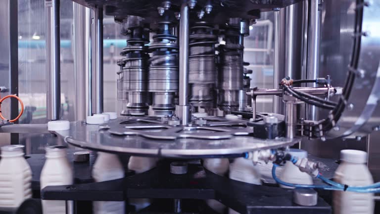 Dairy, Factory, Industry - Milk bottles being filled with fresh milk by a fully automated machinery at a dairy factory