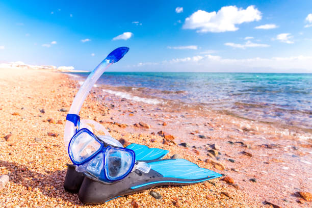 Mask and flippers. Snorkelling equipment and blue tropical resort sea