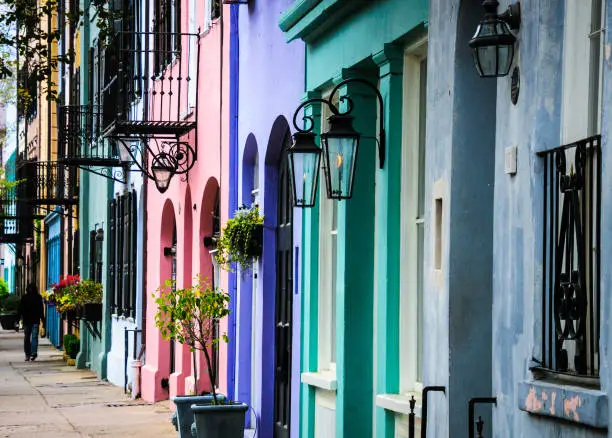 Built in the mid eighteenth century, the multicolored facades of town houses on East Bay Street in Charleston, South Carolina is known as Rainbow Row.