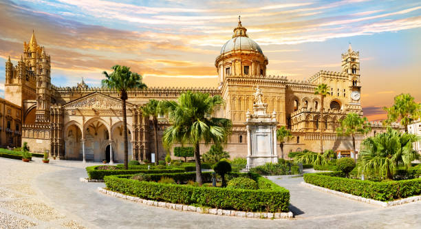 Roman Catholic Cathedral of Palermo Panoramic view of the main Cathedral of the Roman Catholic Archdiocese in Palermo - Sicily palermo sicily stock pictures, royalty-free photos & images