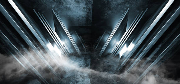 istock Smoke Fog Neon Blue Ultraviolet Glowing Triangle Sci Fi Futuristic Virtual Spaceship Abstract Triangle Glossy Metal Concrete Grunge Dark Empty Cinematic Corridor Room Hallway Entrance 3D Rendering 1149333552