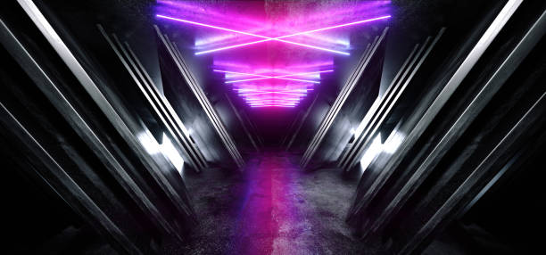 istock Neon Blue Purple Glowing X Shaped Sci Fi Futuristic Virtual Spaceship Abstract Triangle Fluorescent Glossy Metal Concrete Grunge Dark Empty Cinematic Corridor Room Hallway Entrance 3D Rendering 1149337188