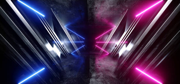istock Neon Blue Purple Glowing X Shaped Sci Fi Futuristic Virtual Spaceship Abstract Triangle Glossy Metal Concrete Grunge Dark Empty Cinematic Corridor Room Hallway Entrance 3D Rendering 1149337192