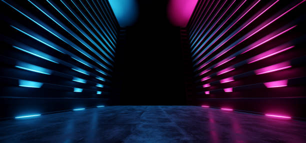 istock Neon Futuristic Dark Retro Sci Fi Triangle Alien Spaceship Purple Blue Empty Glowing Vibrant Laser Showcase Stage Corridor Hallway Entrance Huge Concrete Grunge Reflective 3D Rendering 1149337271