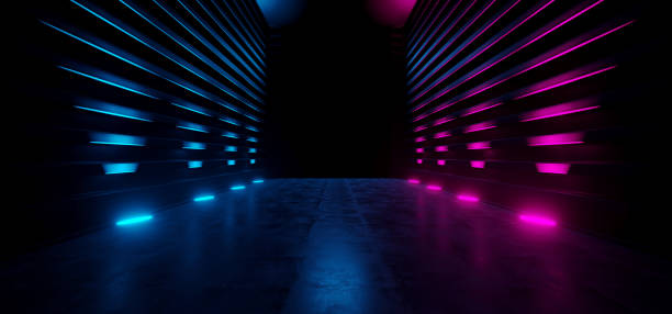 istock Neon Futuristic Dark Retro Sci Fi Triangle Alien Spaceship Purple Blue Empty Glowing Vibrant Laser Showcase Stage Corridor Hallway Entrance Huge Concrete Grunge Reflective 3D Rendering 1149337276